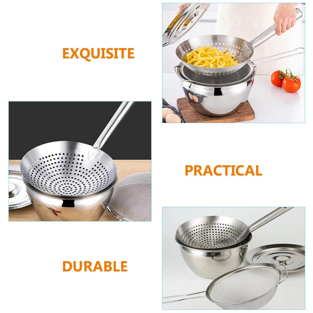 SHINEOFI Colador de Malla de Cocina de Acero Inoxidable 24 CM y Recipiente para Aceite Profundo de 23 CM Filtro Multifunción para Freír Utensilios de Cocina Profesional y Contenedor de