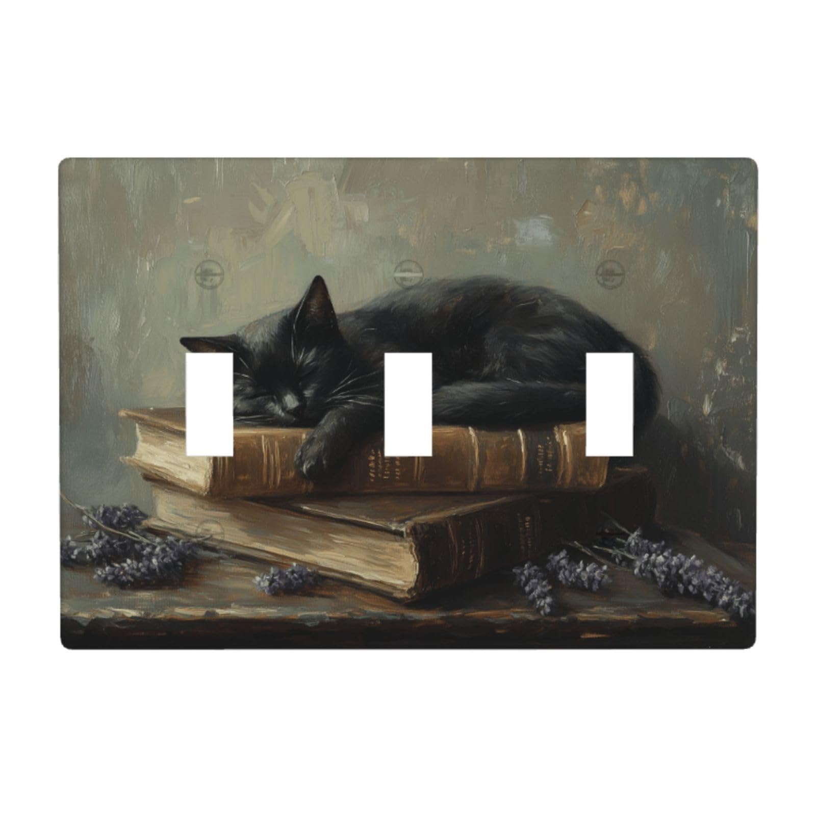 Black Cat Sleeping On Vintage Books Dark Academia Light Switch Covers 3 Gang Triple Toggle Wall Plate Switchplate Electrical Faceplate for Bathroom Kitchen Bedroom Decor