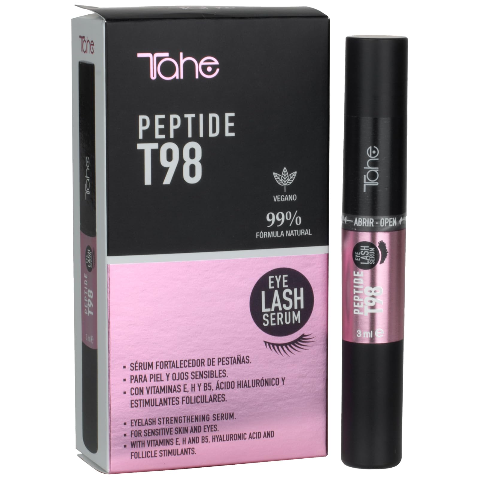Tahe Peptide T98 Eyes Sérum fortalecedor de pestañas Eyelash con Vitamina E, H y B5, Ácido Hialurónico y estimulantes foliculares, 3 ml