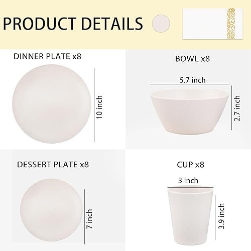 Miniatura 2 de Supernal Juego de vajilla de paja de trigo de 32 piezas con 25 servilletas doradas, platos y cuencos, juegos de vajilla de plástico beige para 8,