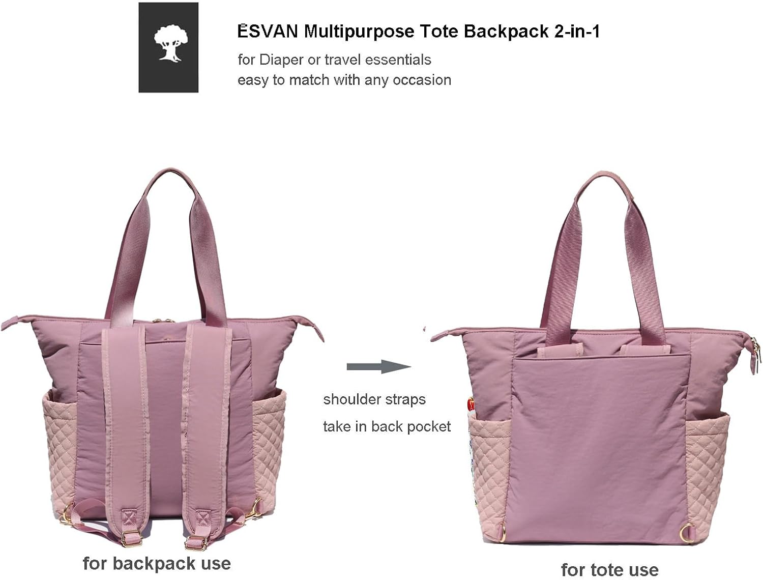ESVAN Diaper Tote Bag Totepack Backpack 2 in 1 for Women Multifunctional Large Capacity with Insulated Pockets Travel | Multifunctional, Travel