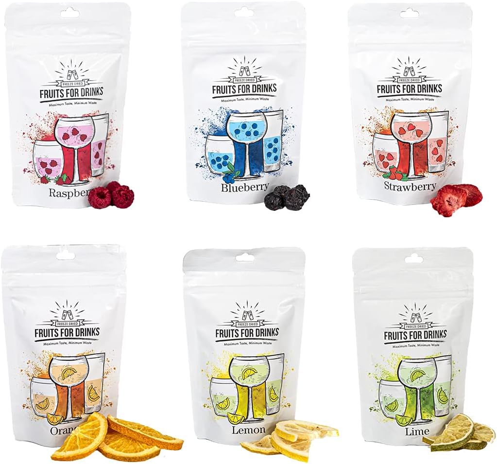 Fruits for Drinks Bundle - 6 Bags - (4 Servings per Bag) Freeze Dried Cocktail Garnish - Lemon, Lime, Orange, Strawberry, Raspberry and Blueberry