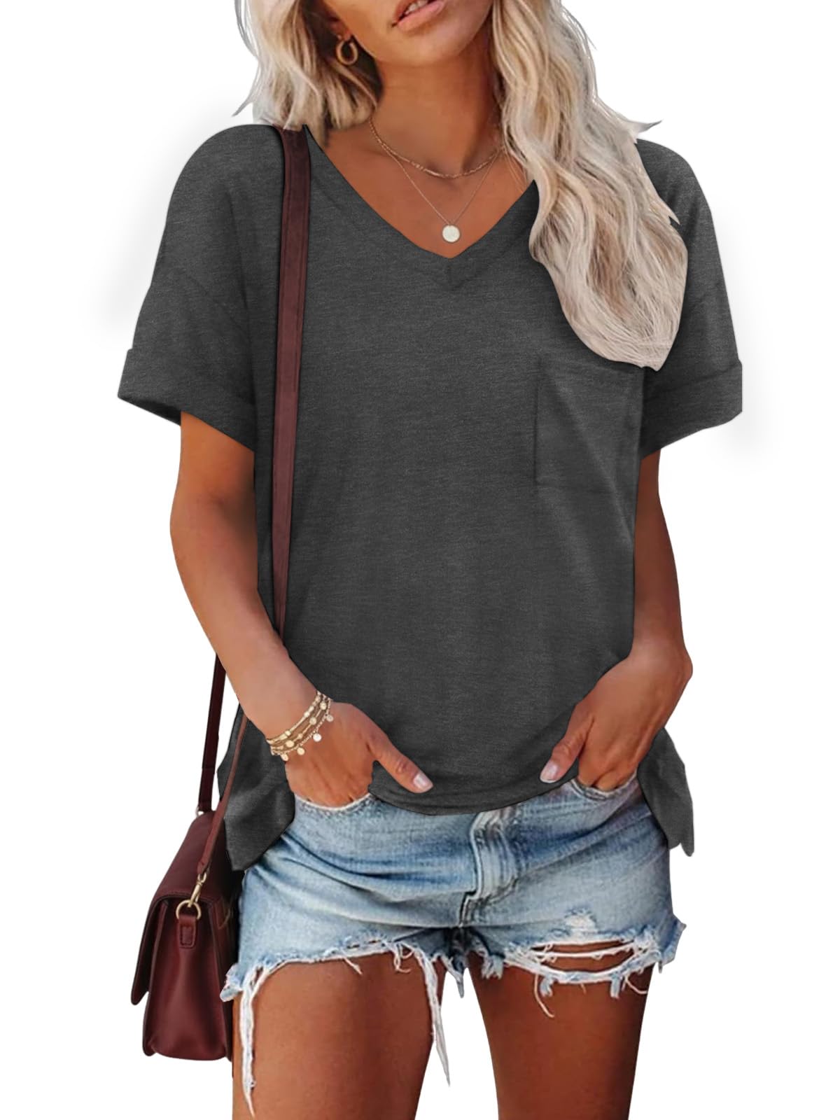 Cuptacc Tshirt Damen Sommer Basic T Shirt Damen V Ausschnitt Oberteile Kurzarm Elegant Summer Tops Mit Tasche Locker Blusen