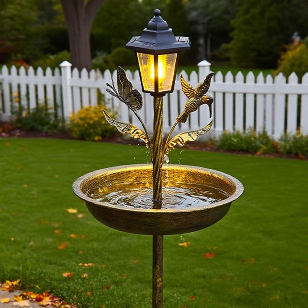 Mangiatoia solare per uccelli, mangiatoia per uccelli e vasca da bagno con luce automatica, mangiatoia per uccelli in ferro per giardino e cortile, mangiatoia solare per uccelli per esterni