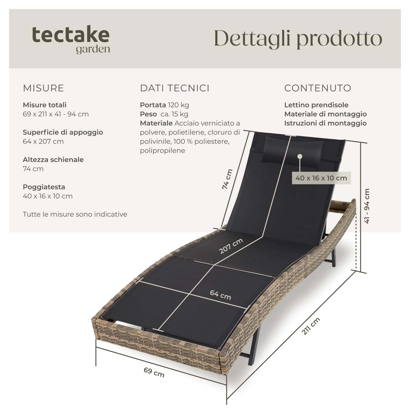 tectake® Sdraio in Rattan, Sdraio da Esterno Regolabile in 6 Posizioni, Traspirante, Telaio in Acciaio, Antiscivolo e Antigraffio, Cuscino Poggiatesta Incluso - Naturale