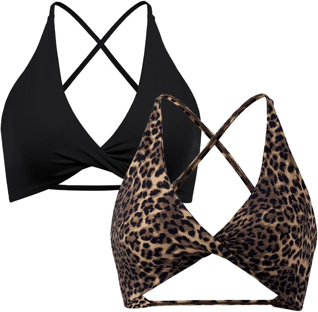 SUUKSESS Women 2 Piece Open Back Strappy Sports Bra Pack Twist V Neck Workout Crops - Image 6