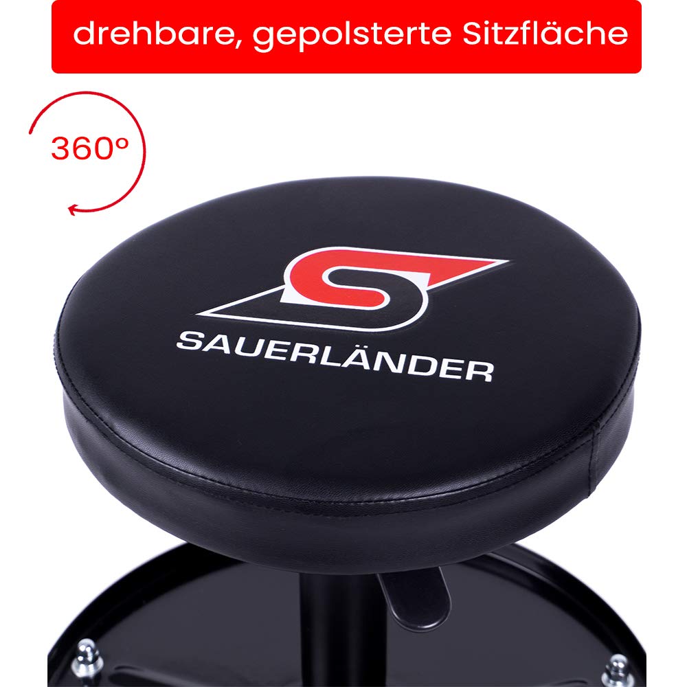 Sauerländer Werkstatthocker mit 5 Rollen - Werkstattstuhl, Werkstattsitz, höhenverstellbar & drehbar, Rollhocker für die Werkstatt, Ablage für Werkzeug & Schrauben, Drehhocker, Arbeitshocker