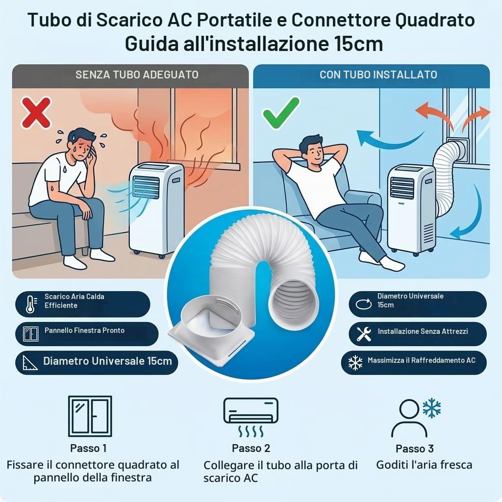 Tubo di scarico portatile AC con connettore quadrato, diametro 15 cm, ABS e polipropilene, lunghezza regolabile per camera da letto, soggiorno, ufficio