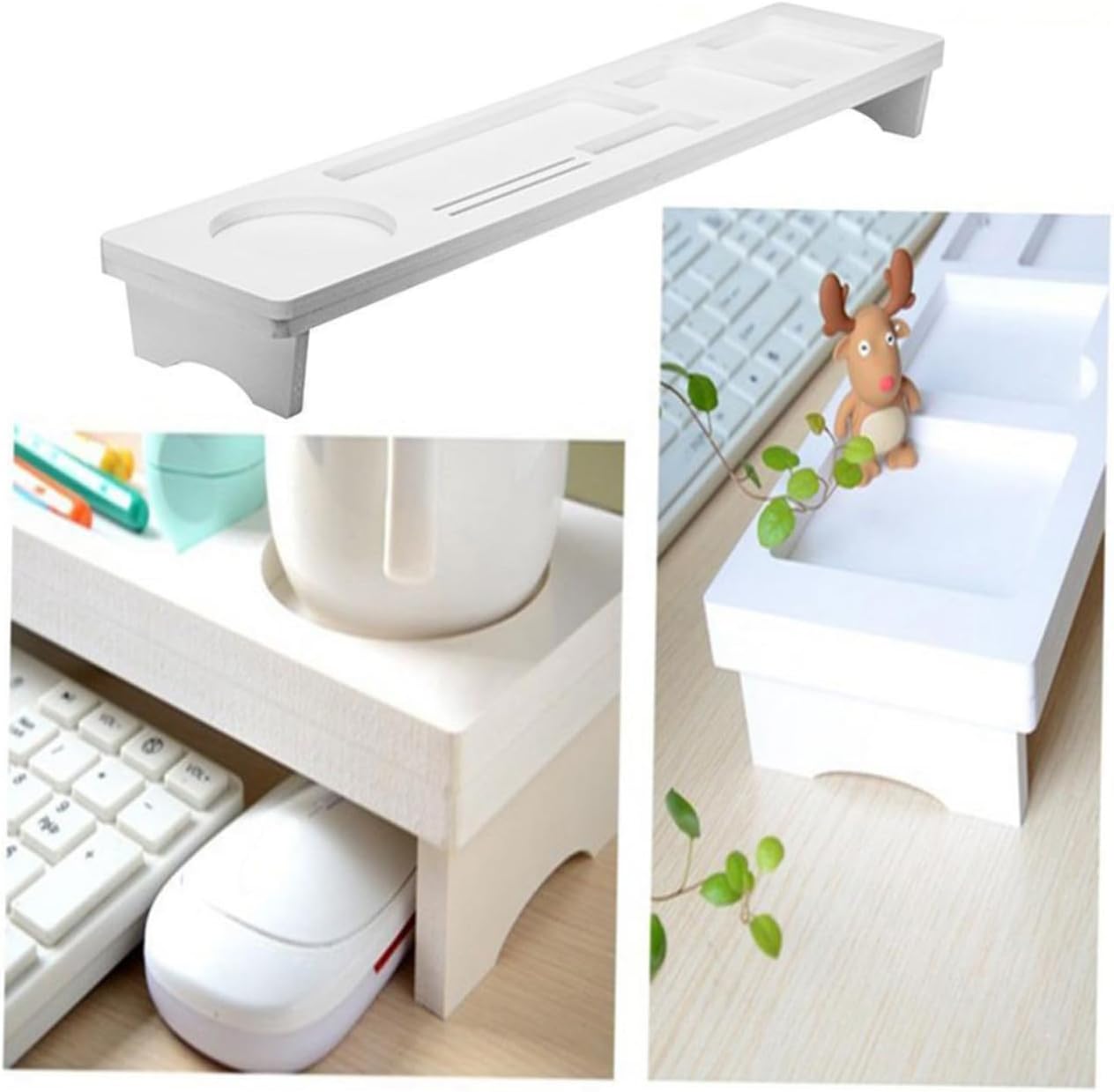 Floating Keyboard Shelf Desk Organizer with Seven Divided Areas White PVC