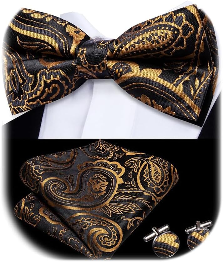 Dubulle Mens Paisley Striped Bowtie Set Pre-tied Bowtie for Men and Pocket Square Set Wedding Business