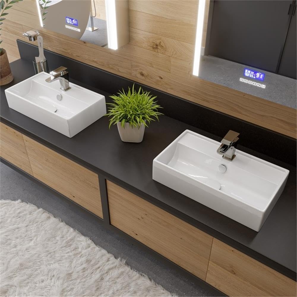 Pemberly Row Wall Mounted Ceramic Bathroom Sink, 22 in Rectangular Design, White Glossy Finish, Faucet Hole, High Grade Vitreous China, Durable Modern Style Sink for Bathroom Upgrade