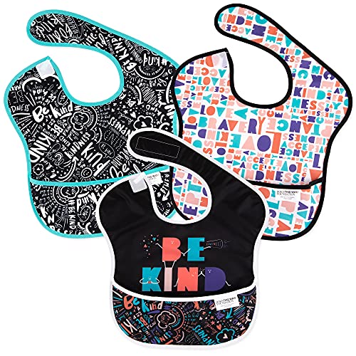 Image of Bumkins Bibs for Girl or Boy, SuperBib Baby and Toddler for 6-24 Months, Essential Must Have for Eating, Feeding, Baby Led Weaning Supplies, Mess Saving Catch Food, Fabric 3-pk Be Kind