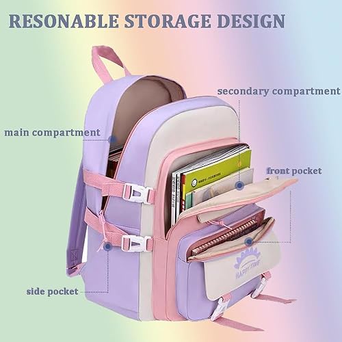 Miniatura 3 de Mochila escolar Kawaii para niños con bolsa de almuerzo y estuche para lápices de 3 uds, Rabbit-rosa, Grande, Arco iris