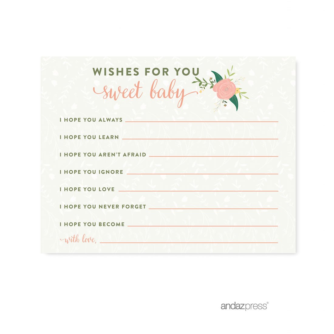 Andaz Press Floral Roses Girl Baby Shower Collection, Games, Activities, Decorations, Wishes for Baby Cards, 20-pack