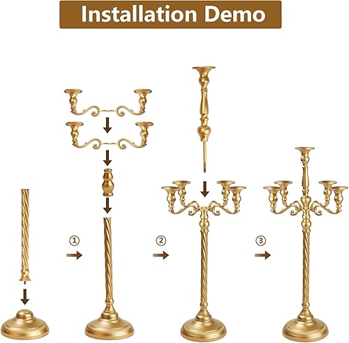 Miniatura 6 de Centro de mesa de candelabro dorado de 5 brazos para mesa, soporte de vela de metal de 24.8 pulgadas, 2 centros de mesa retro para fiestas, eventos,