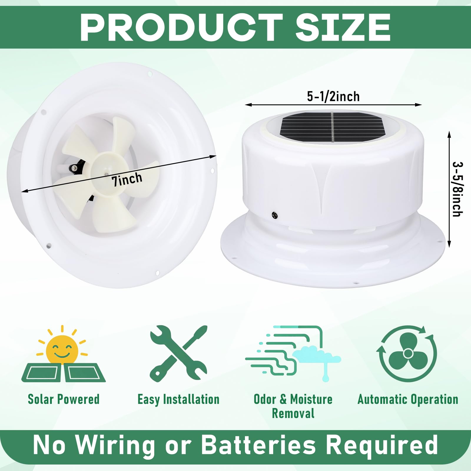 VIHOSE Wentylator solarny do kampera, biały, ABS, zasilany energią słoneczną, wentylator wyciągowy do kampera, kampera, szopy, przyczepy, kurnika, domku dla psów, ze śrubami montażowymi, łatwy montaż