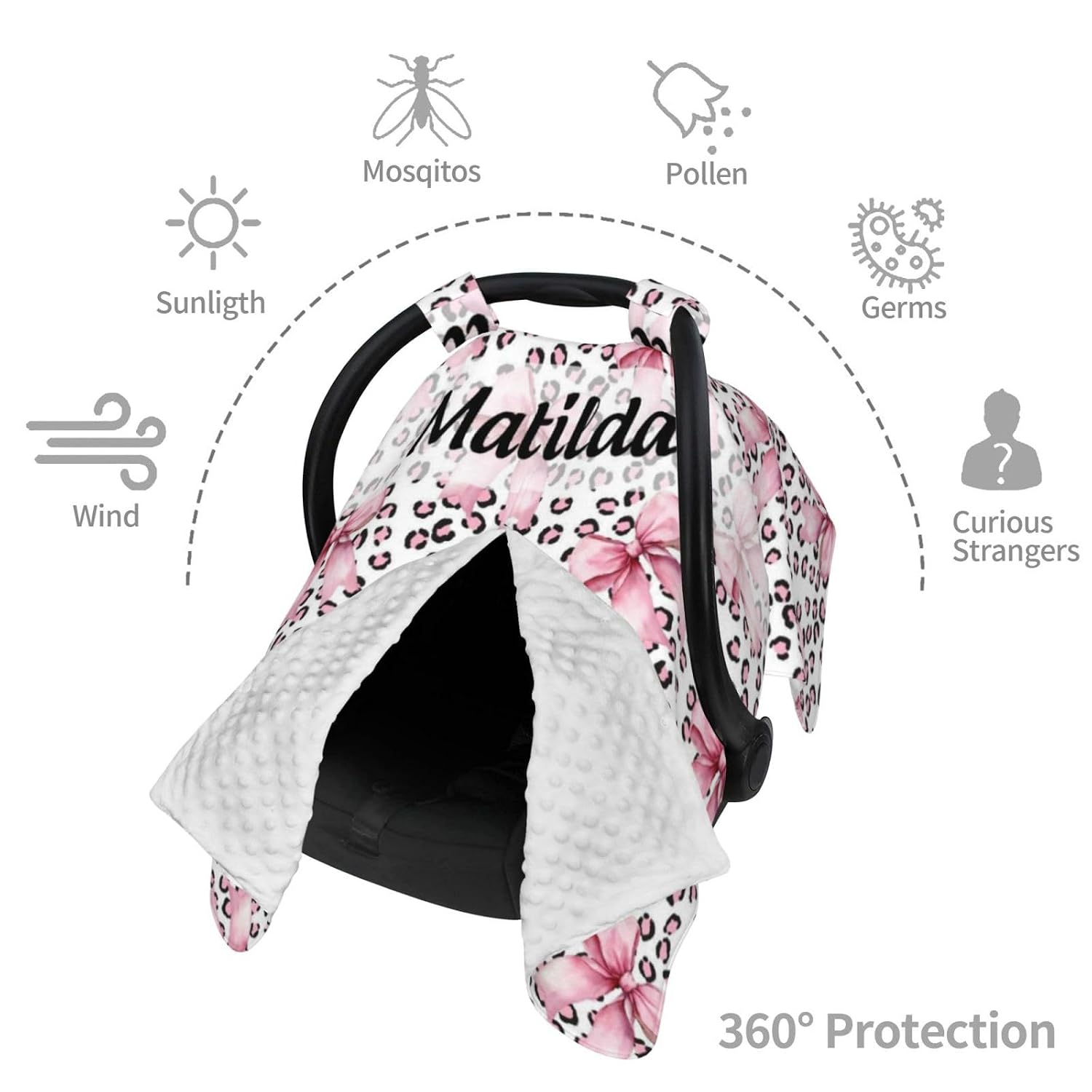 Personalized Baby Car Seat Canopy with Name – Custom Pink Bow Minky Nursing Cover for Girls – Soft Infant Car Seat Cover for Stroller, Breastfeeding & Newborn Travel