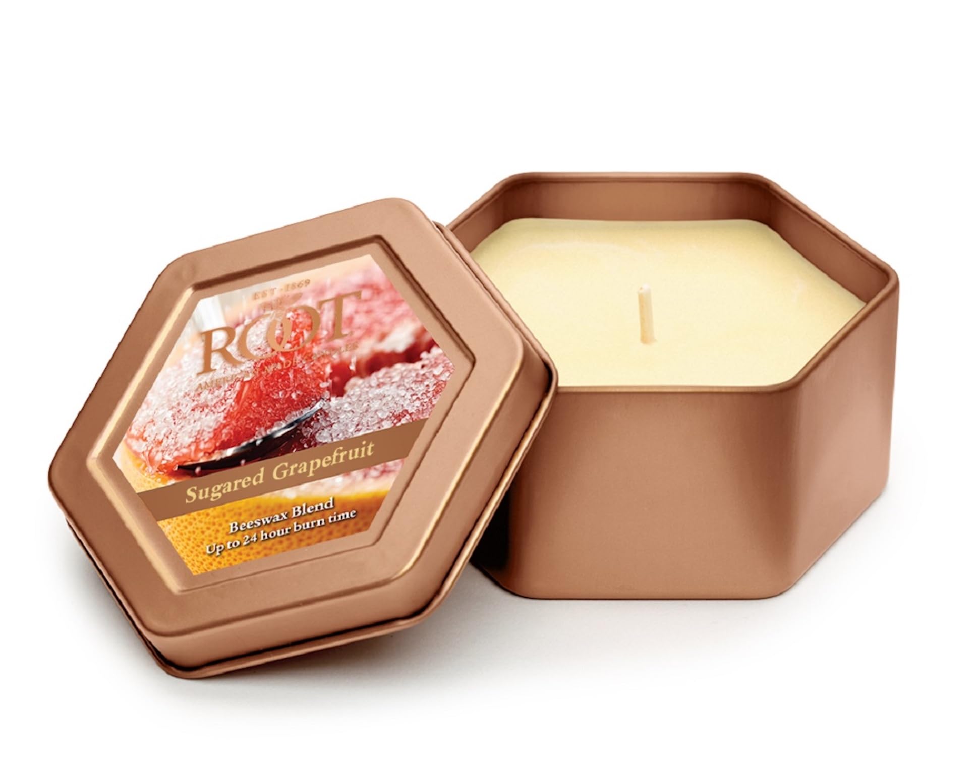 Root Candles Travel Tin Beeswax Candle, Sugared Grapefruit, Blend Metal