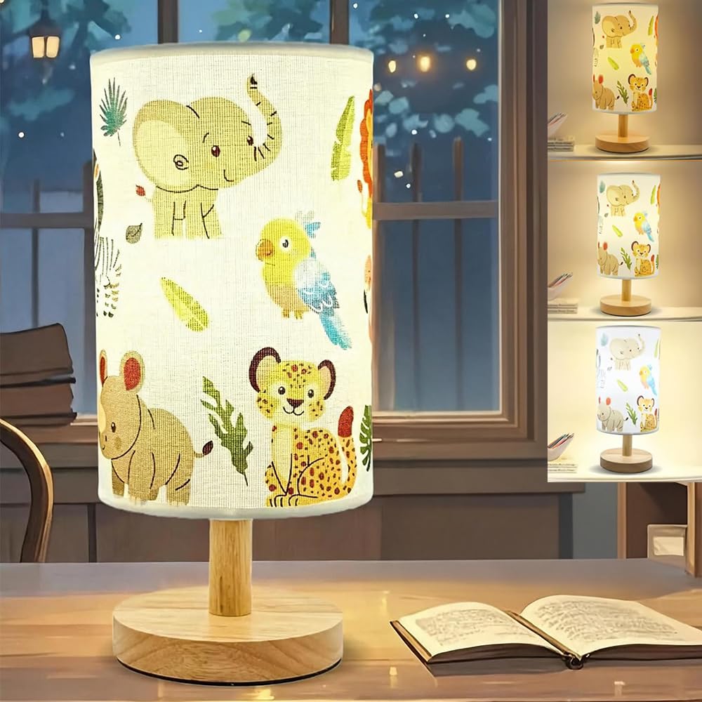 Peldris Animal Kids Lamp, Animal Kids Bedside Lamp with 3 Colour Light Modes, Solid Wood Base with Linen Fabric Shade, Kids Lamp for Bedroom & Living Room, Animal Lamp Gifts for Boys