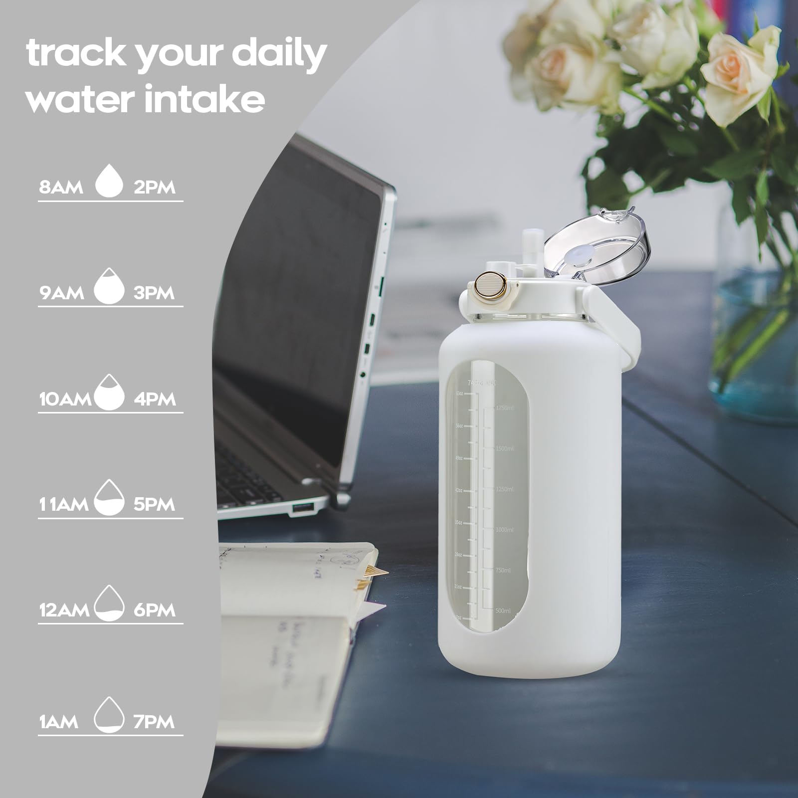chunmo Grande bouteille d'eau de motivation en verre avec marqueur de temps avec manchon en silicone et couvercle à poignée - 2,2 l - Pour le sport