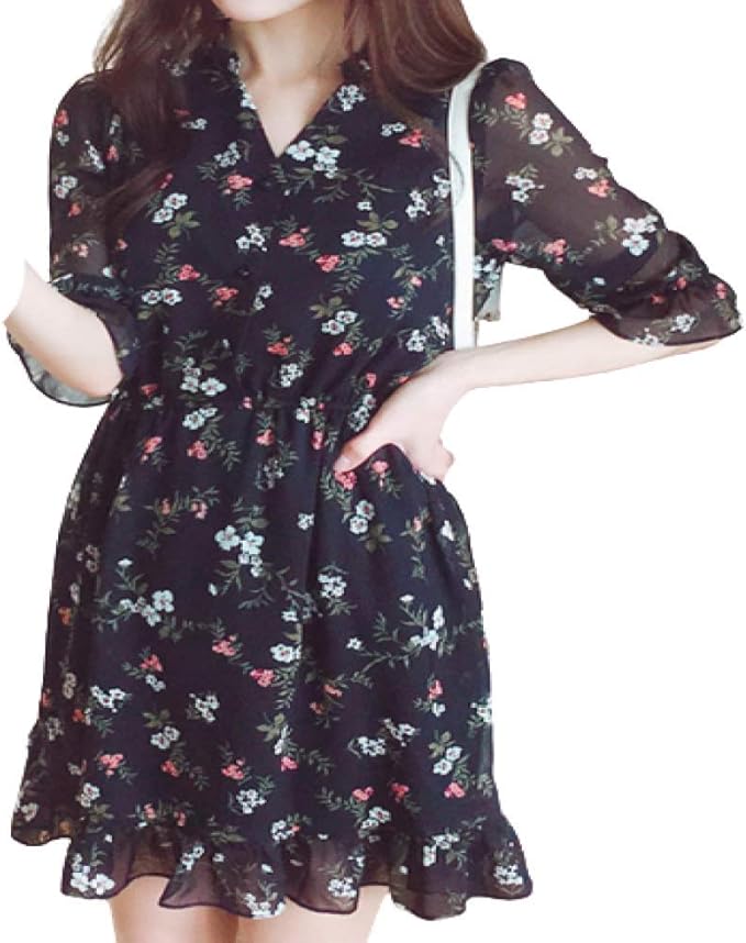 Women's Dress Summer Korean Style Elegant Slim Fashion Loose Large Size Floral Chiffon Dress 