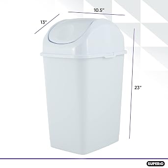 Superio Kitchen Trash Can with Swing Top Lid 9 Gallon Slim Waste Bin 37 Qt Sturdy Plastic Garbage Can Medium Recycling Bin for Office, Bathroom, Under Counter, Dorm, Bedroom (White-2 Pack)