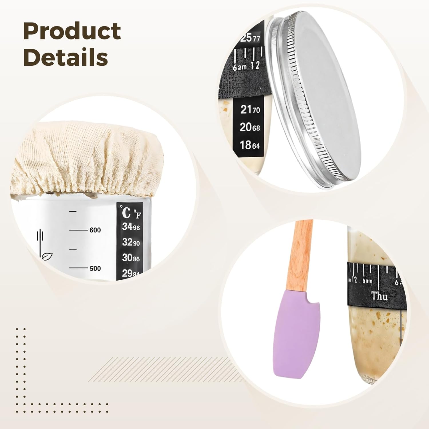 34Oz Glass Kit with Thermometers, Cloth Covers, Bands, Scrapers, Lids, and More, Ideal for Bread Baking