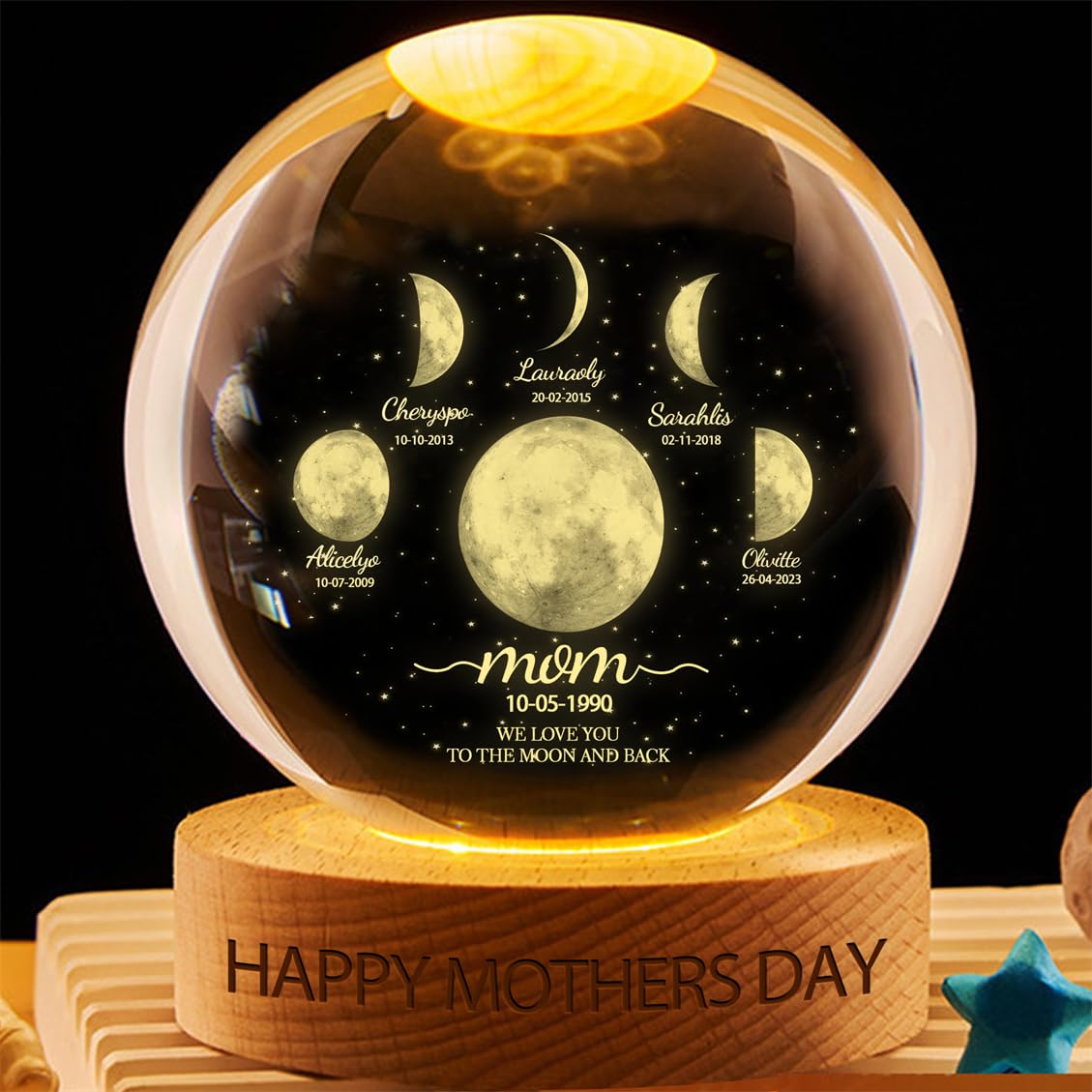 Wasetell Personalized Family Moon Phase Crystal Ball Light Custom We Love You to The Moon and Back Mom Crystal Ball Lamp with Name Date Family Keepsake Gift for Mom Grandma Nana Birthday Christmas,02
