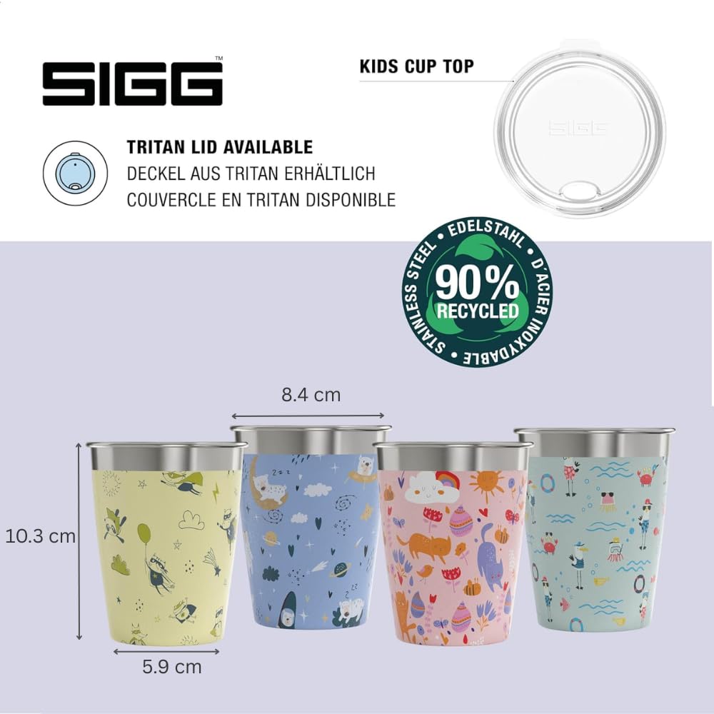 Sigg - Kinderbecher Set 4 x 0,35 L - Edelstahl Trinkbecher für Kinder - 4 Bunte Designs - Leicht, Robust & Wiederverwendbar - Edelstahlbecher für Jungen und Mädchen - Zuhause & Unterwegs