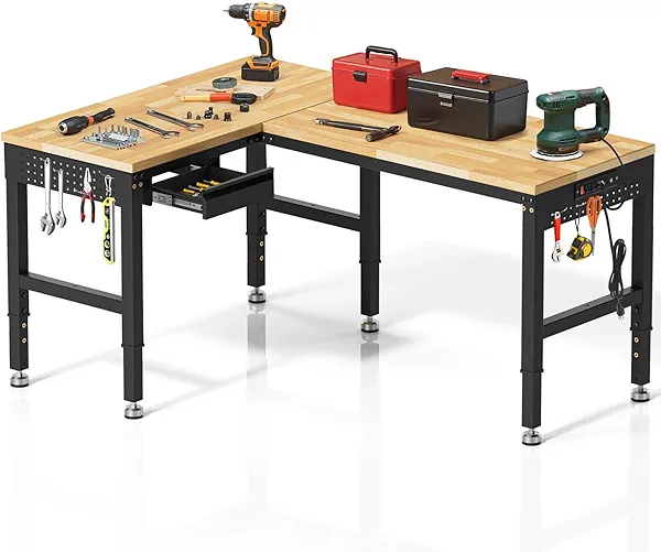 MUWOOD 96”L-Shaped Heavy Duty Work Bench, Heights Adjustable Workbench, 5000 LBS Load Capacity, Work Benches for Garage with Power Outlet & Pegboard, Rubber Wood Work Table for Office, Workshop, Home