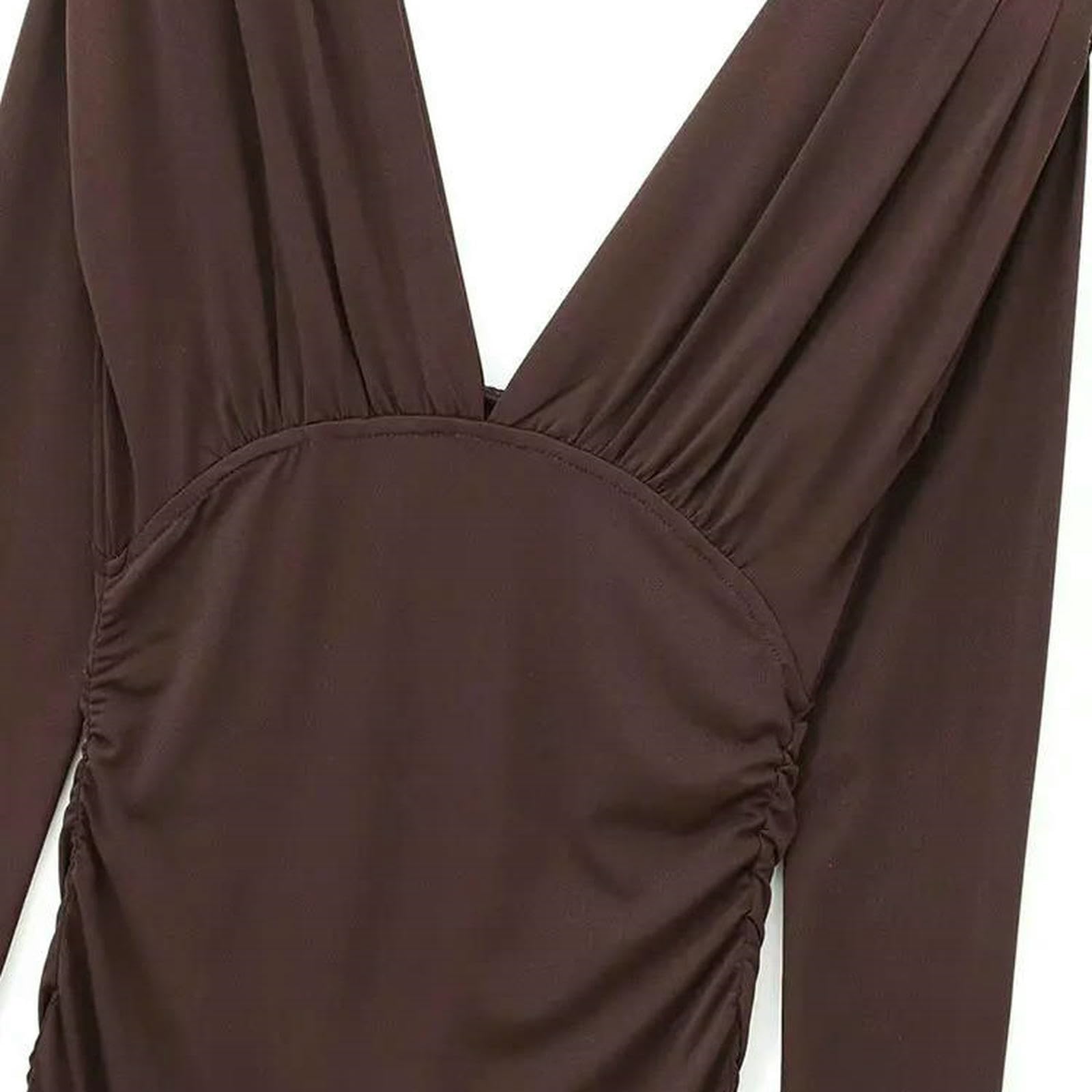 Abito Donna Invernale Donne Autunnali Deep v Midi Abiti Sexy a Pieghe Elegante da Sera Manica Lunga-Come Immagine-XS