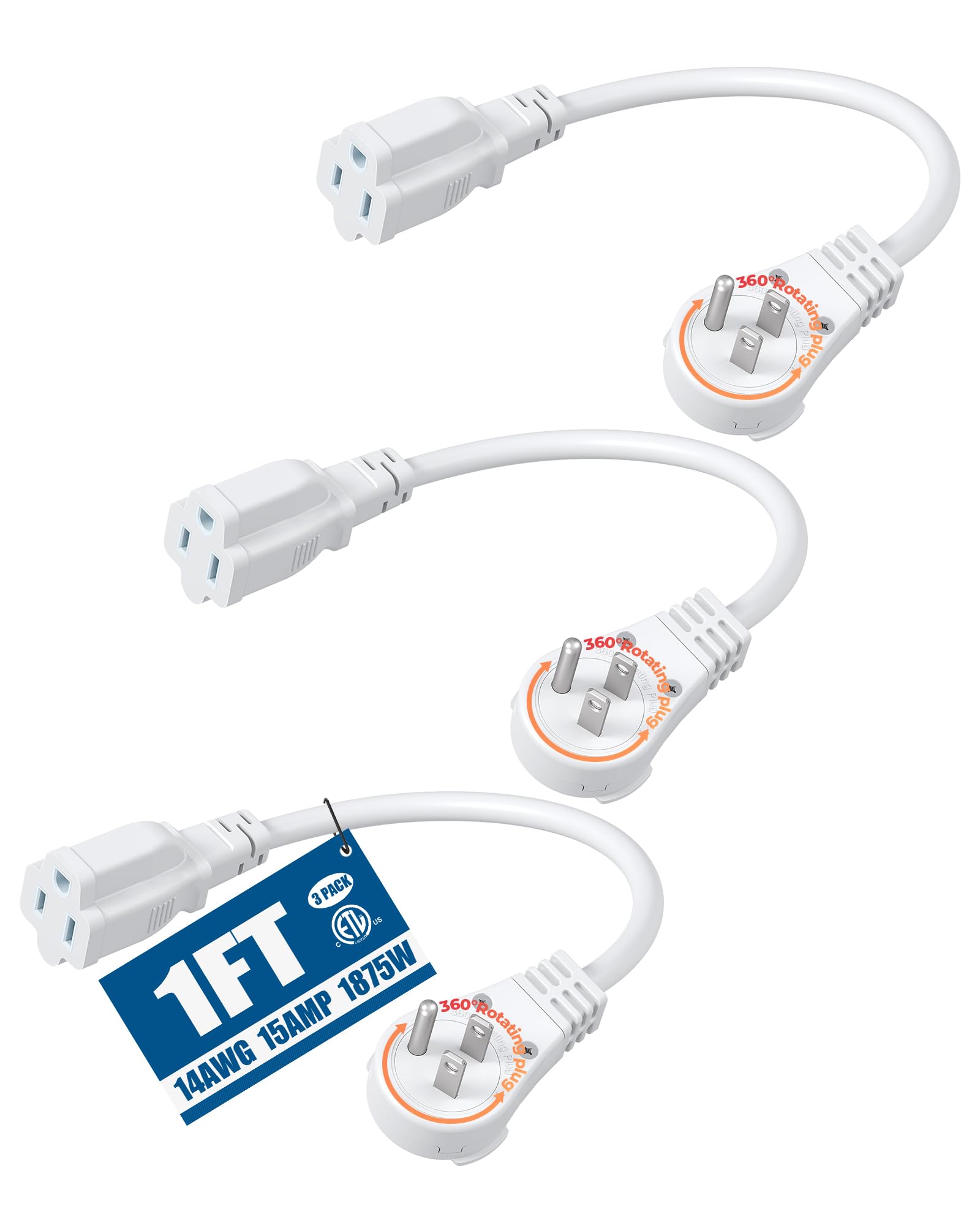 DEWENWILS 360° Rotating Flat Plug Extension Cord 1 Foot, 14/3