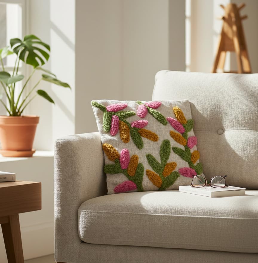 Image of Furnistitchs Premium Decorative Throw Cushion Pillow Cover Boho Home Decor - Living Room Bedroom Couch Sofa Cushion Covers 16 inch x 16 inch (2, Green Leaves)