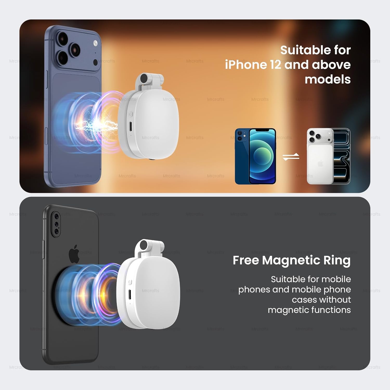 MrCrafts Magnetic Selfie Light for Mobile Phones with Mirror, 3 Modes Portable Light, Rechargeable Light with Magnetic Ring, Suitable for Photography/TikTok/Zoom Calls/Video Conferencing