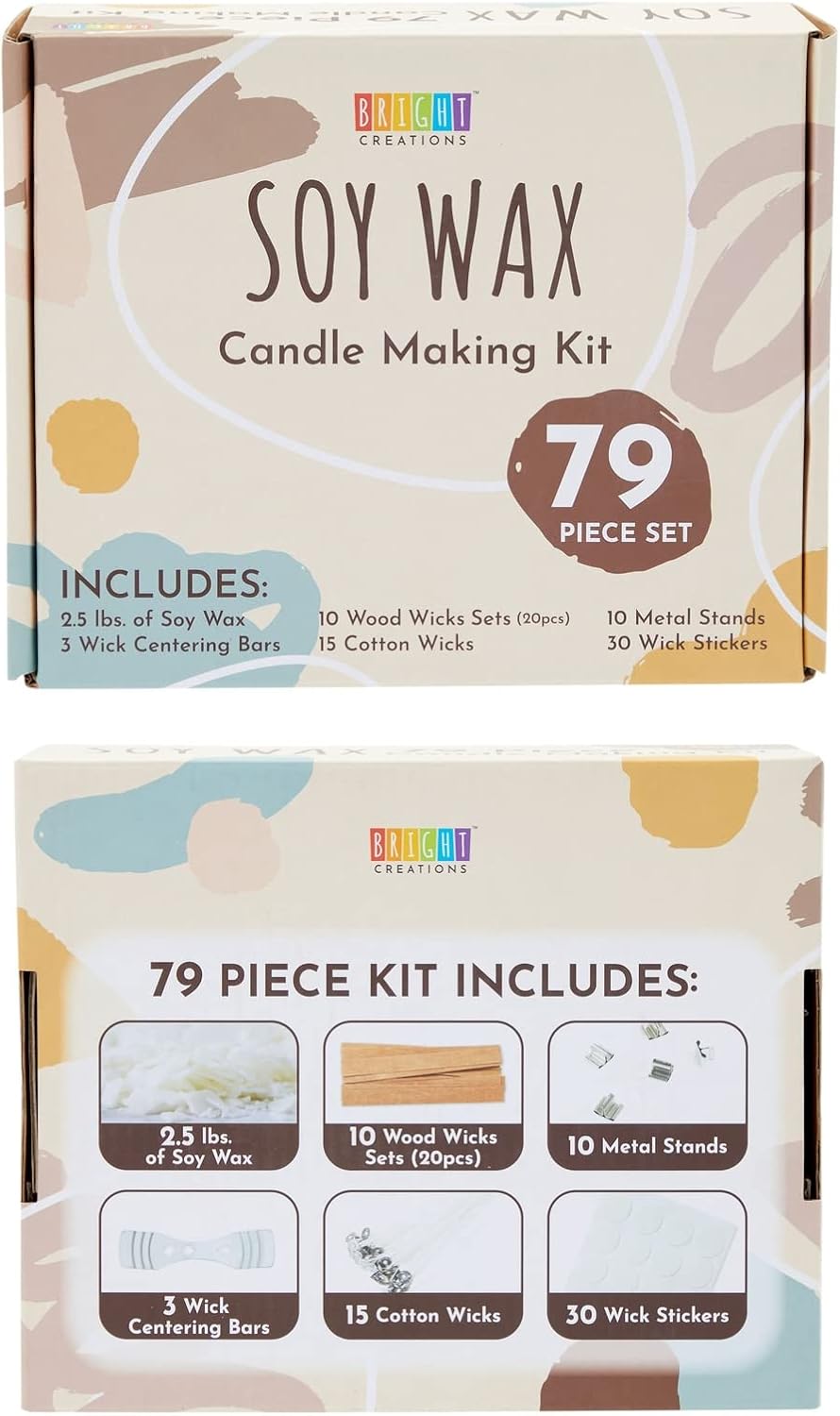 79 Piece Soy Wax Candle Making Kit, DIY Supplies with Iron Stands, Wood and Cotton Wicks, Centering Bars, Adhesive Stickers (2.5 lbs)