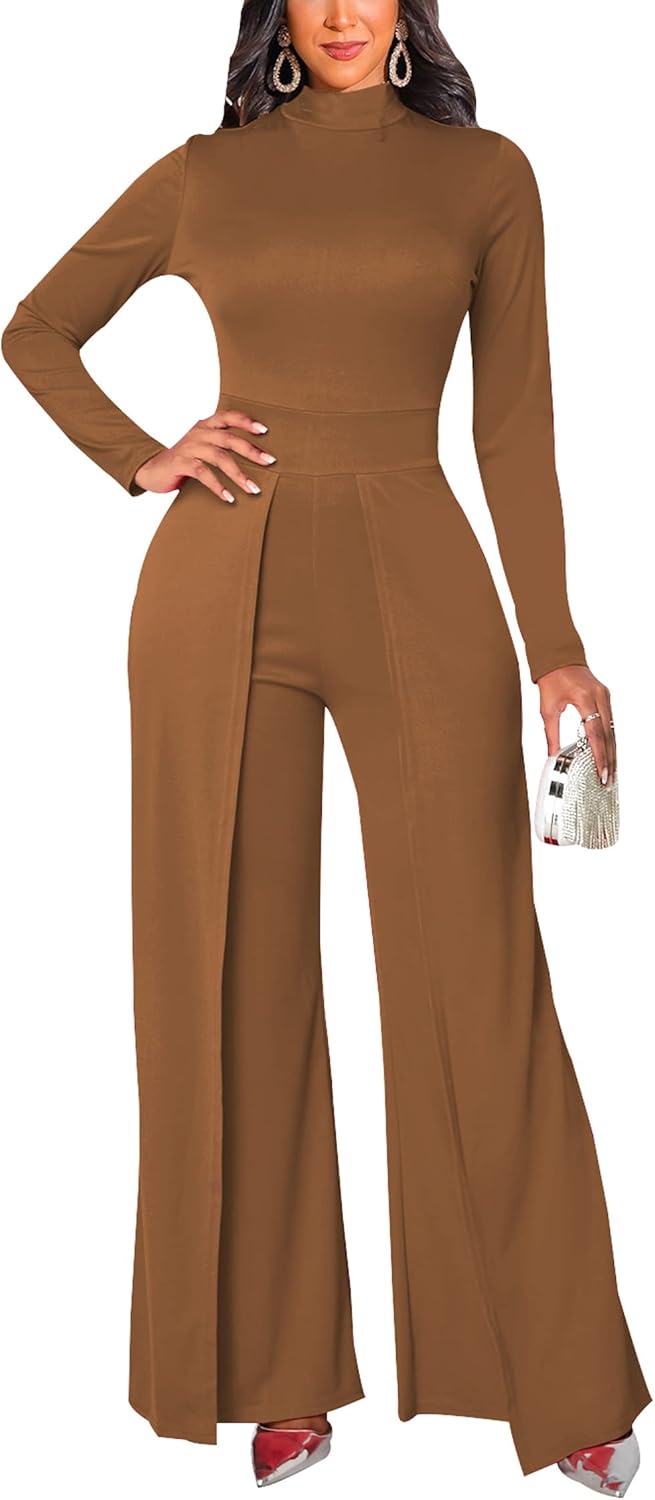 Women's Casual Long Sleeve Round Neck Jumpsuits Work Wide Leg Pants Club Party Loose Rompers