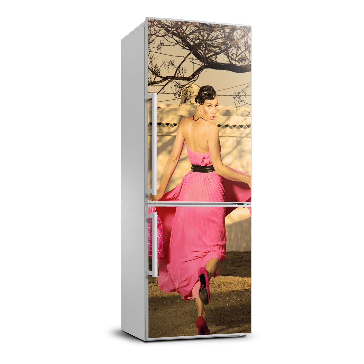 Décoration frigo auto-adhésive 70x190cm motif femme rose lavable et durable