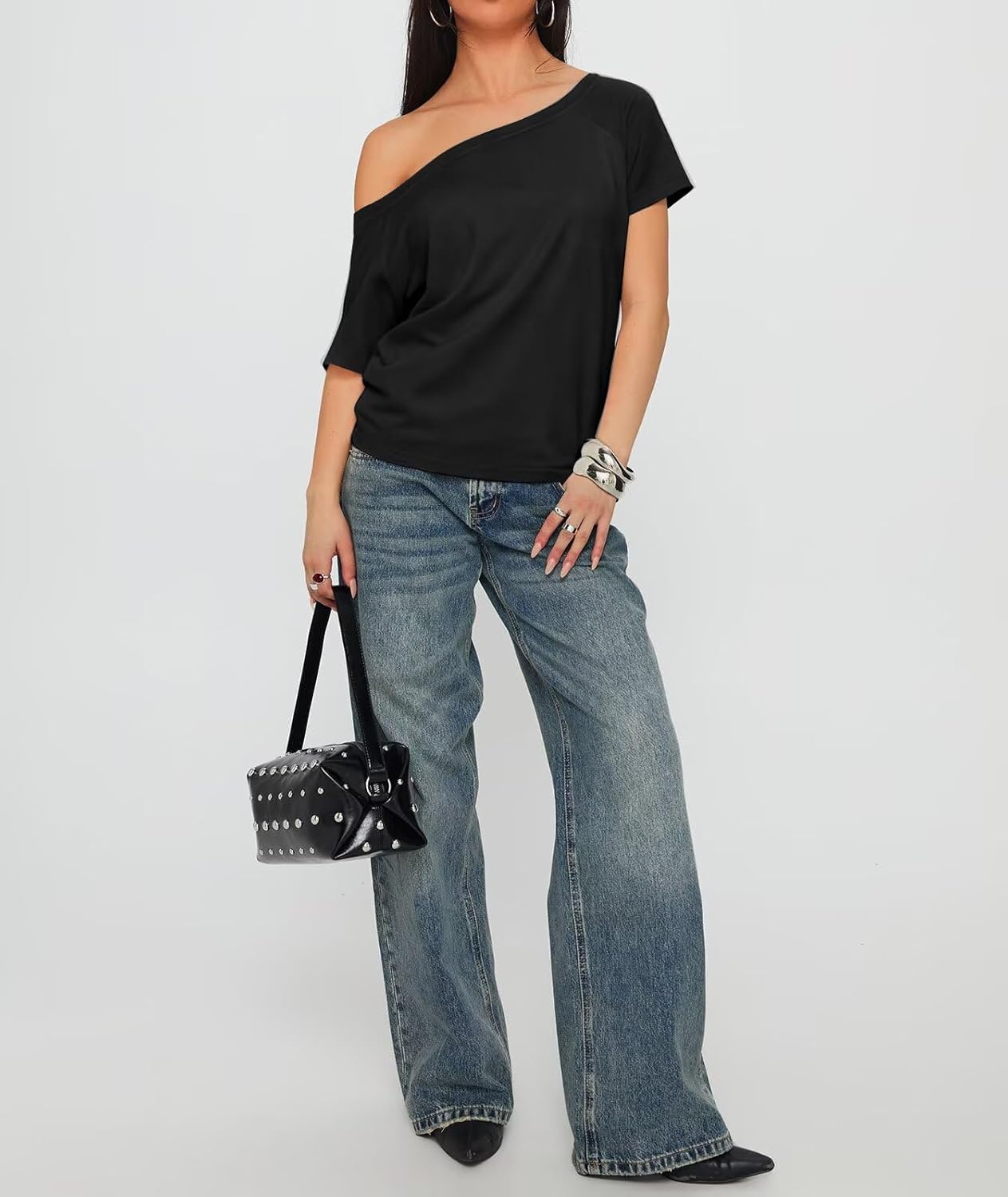 LEEDYA Off The Shoulder Tops for Women Summer Short Sleeve Oversized Shirts Casual Loose Batwing Tunic Top Fashion Clothes - Image 3