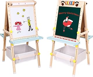 Kids Easel with Paper Roll Adjustable Double-Sided Whiteboard & Chalkboard Standing Easel with Magnetic Letters & Numbers and Other Accessories for Kids and Toddlers