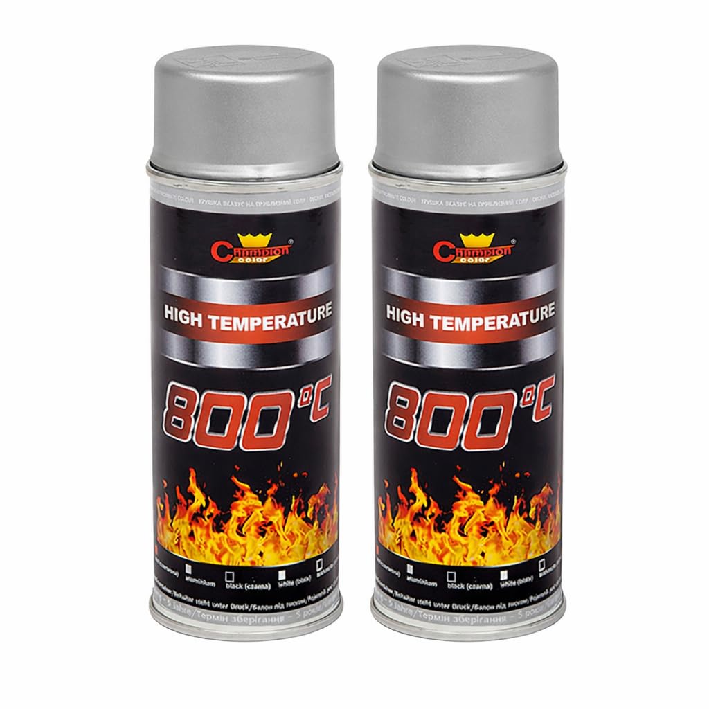 2 x 400 mL Silver RAL 9006 Heat-Resistant Enamel Spray Paint Silicone-Based Up to 800°C - High Temperature Metal Coating for Grills, BBQs, Fireplaces, Stoves, Flues, Boilers, Radiators, Exhaust Parts