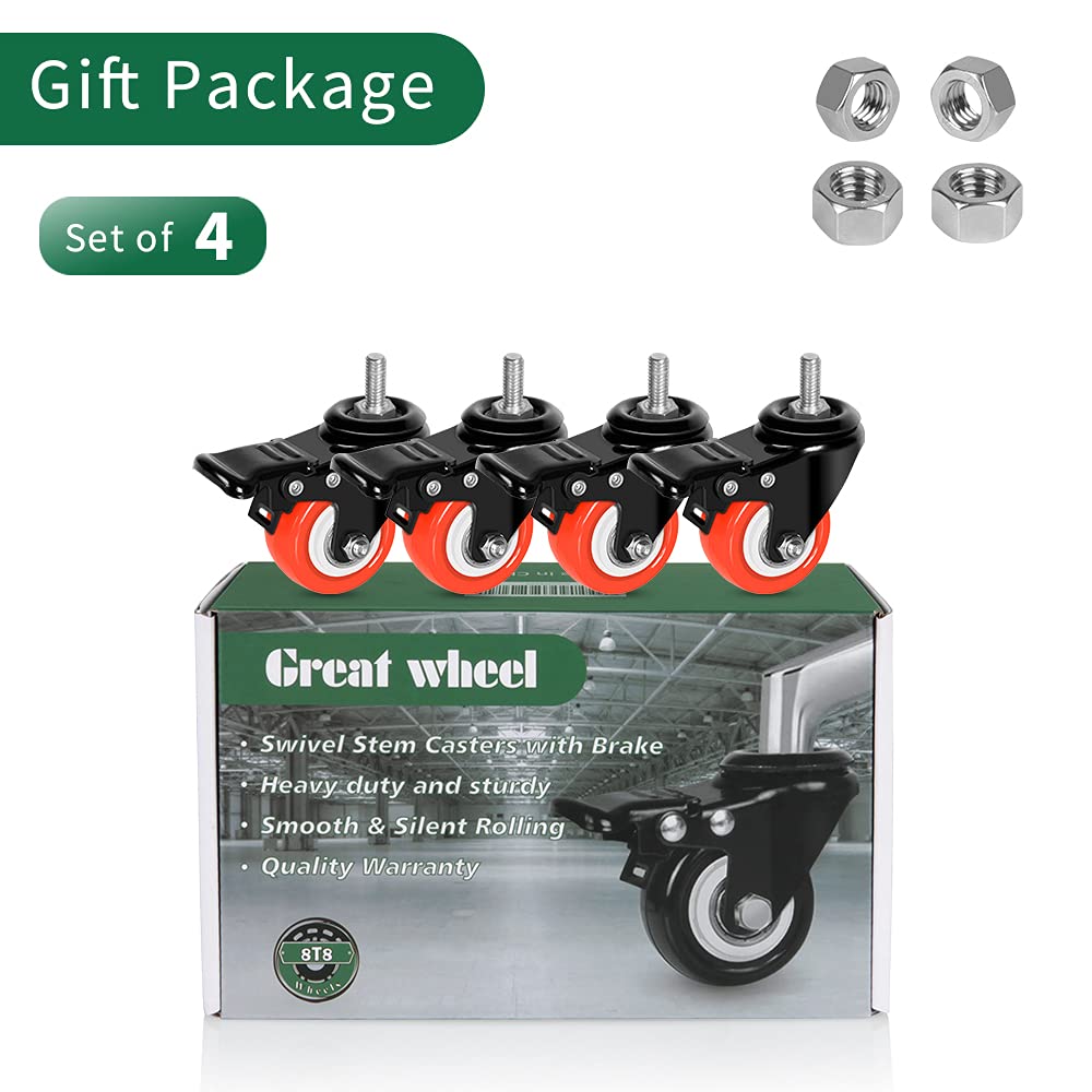 8T8 Swivel Stem Casters Set of 4 Heavy Duty, 2 Inch Caster Wheels with Brakes, 5/16”-18x1”(Screw Diameter 3/8", Length 1") M8 Threaded Stem Casters with Lock, Mount Industrial Castors