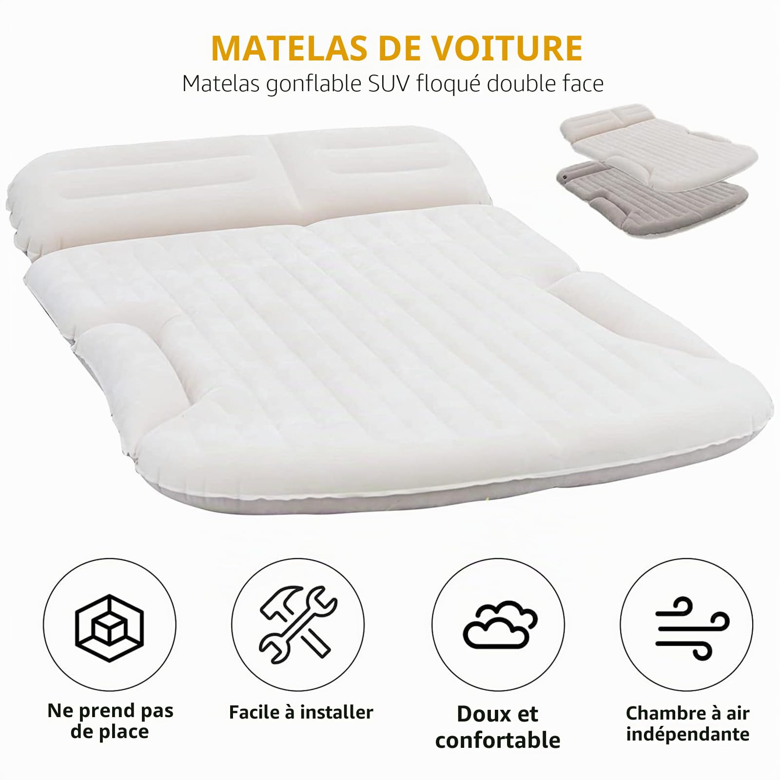 KMZ Matelas Pneumatique éPaissi Et Flocage Double Face Lit De Camping De Voyage Coussin Mobile DéDié éTendu ExtéRieur pour SièGe ArrièRe SUV (Beige Et Café)