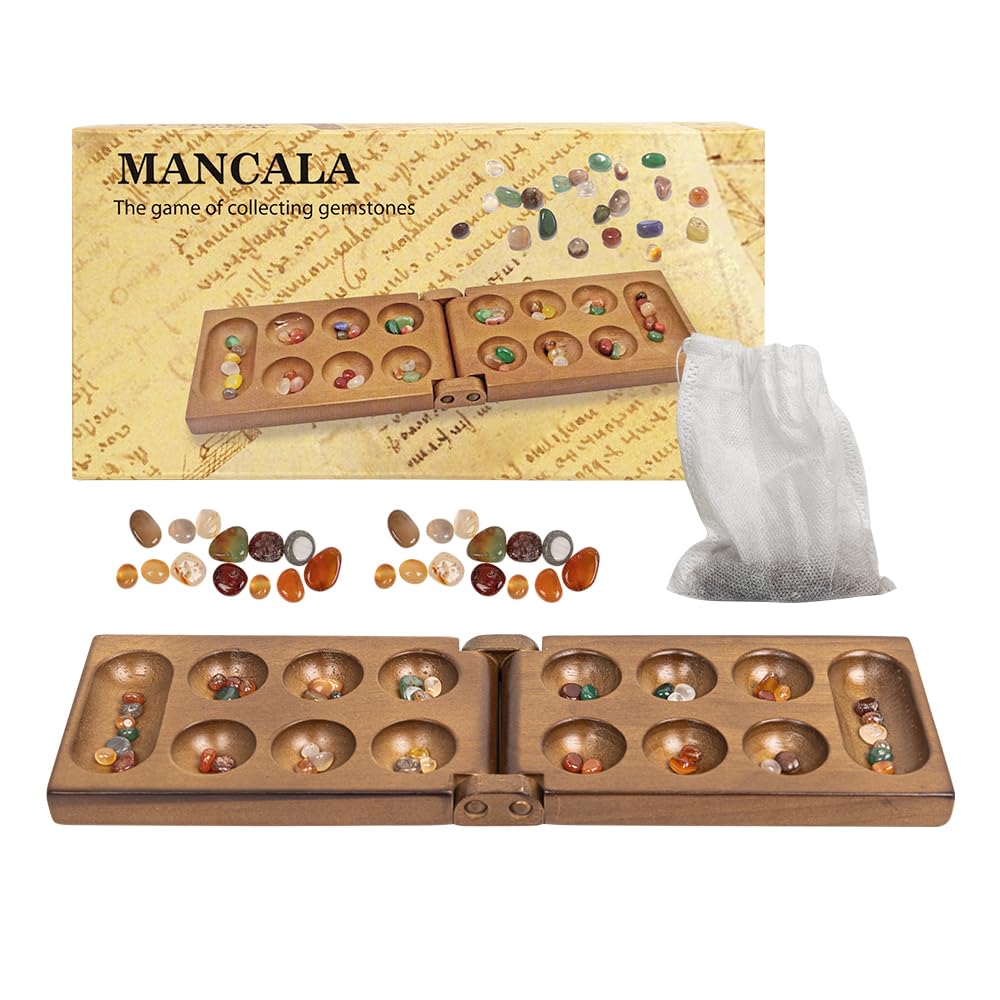 Classic Mancala Game | Premium Wooden Mancala Board with Colorful Glass Stones | Strategic Board Game for Family and Friends
