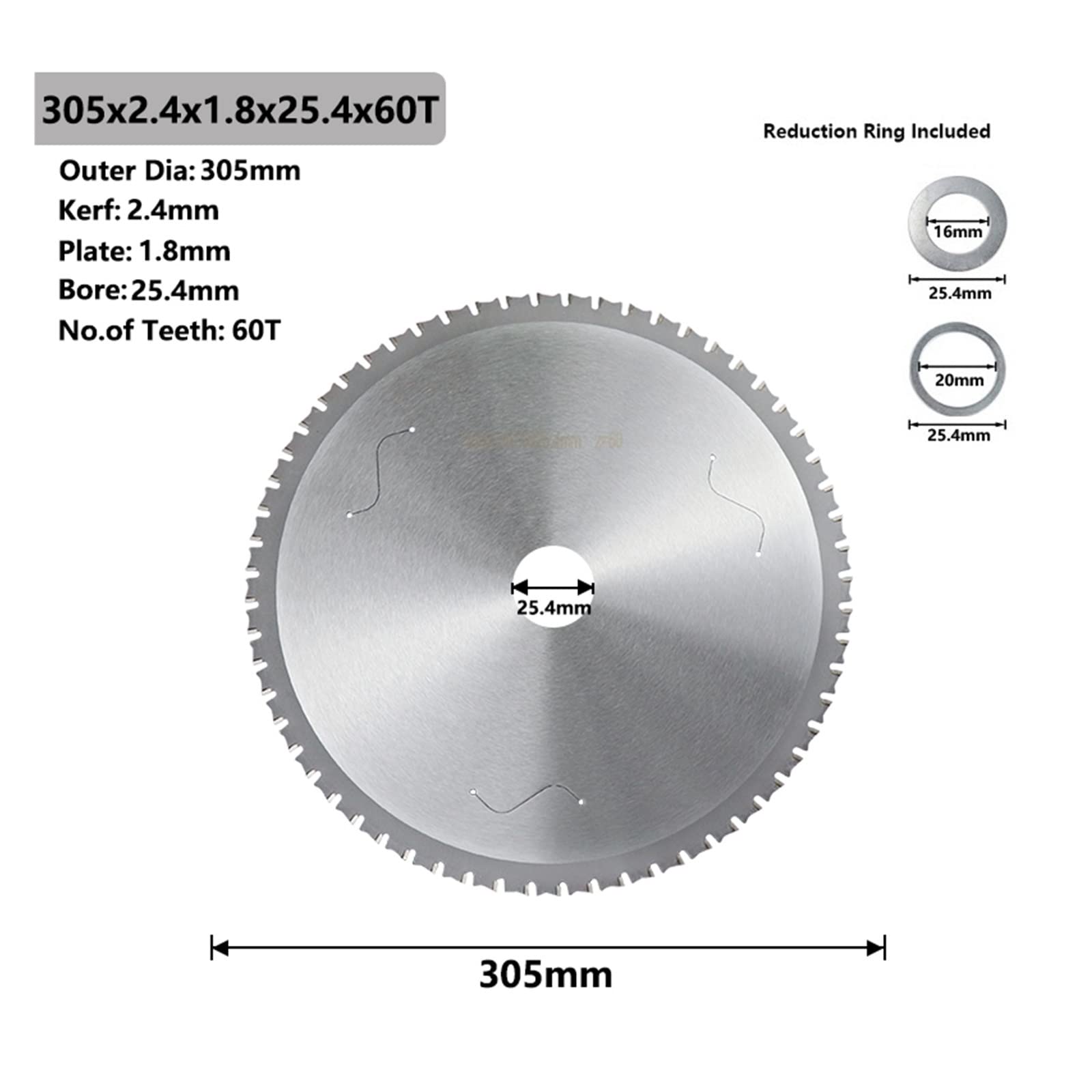 HYSOND Metal Cutting Blade, 180/230/305/355mm Circular Saw Blade for Aluminum Iron Steel Metal Cutting Disc Carbide Saw Blade (Size : 305x2.4x1.8x25.4x60teeth)