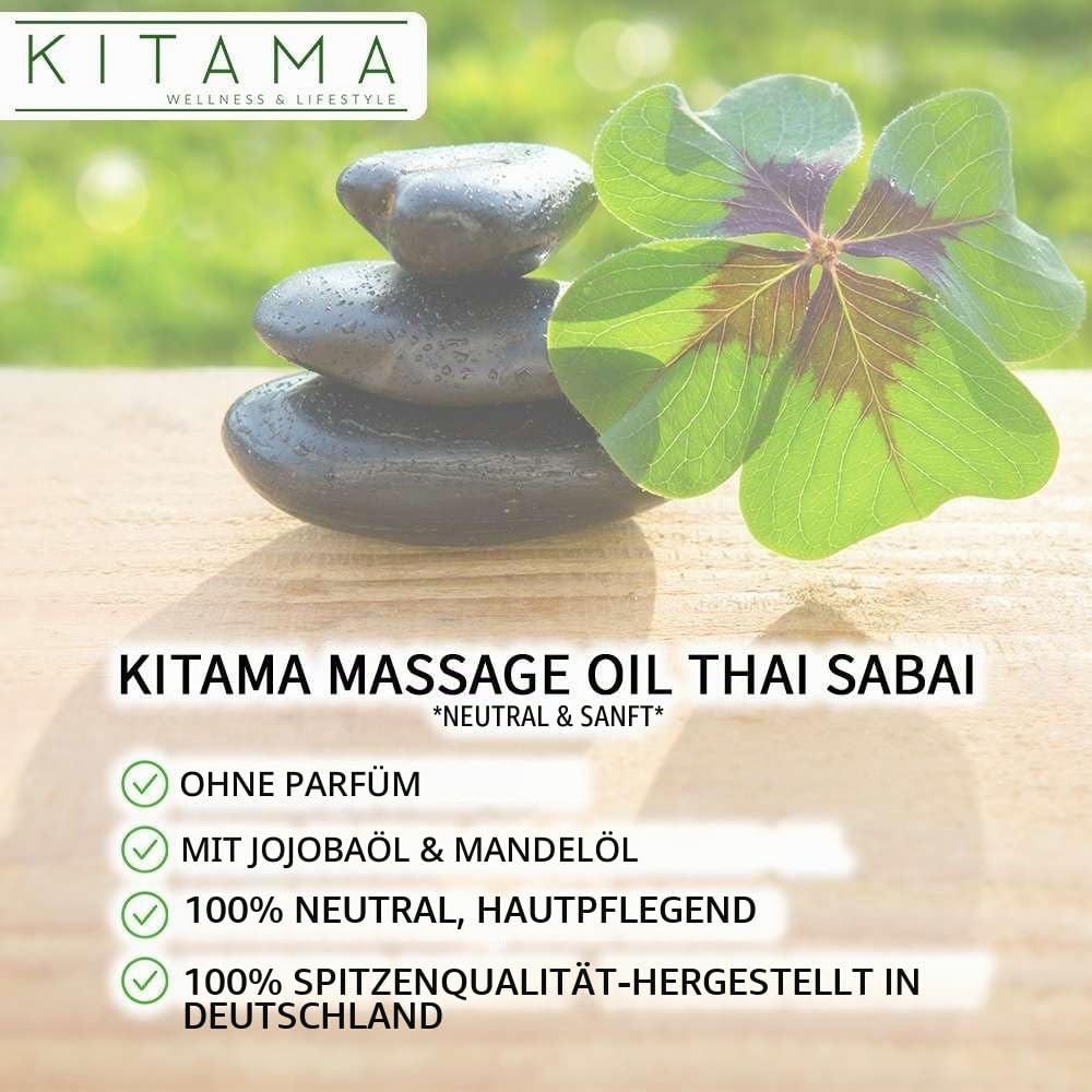 Kitama Massageöl Set 10L (2x5L Kanister) Parfümfrei plus Pumpe | Inkl. 5L Massageöl Neutral (für Allergiker) & 5L Massageöl Thai Sabai mit Jojoba & Mandel. Duftfrei für Profis,