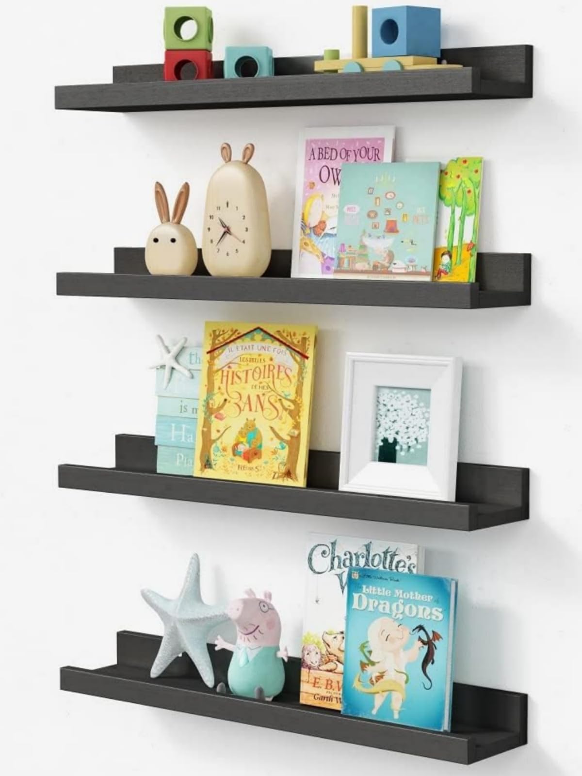 24 Inch Long Picture Ledge Shelf Set of 4, Black Wood Floating Shelves for Wall with Lip, Rustic Display Shelves for Living Room Hallway Bedroom Office Photo Frames Bathroom Nail Polish