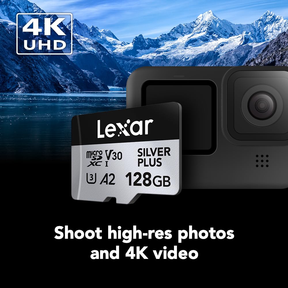 Lexar Silver Plus Lot de 2 cartes mémoire microSDXC professionnelles UHS-I, C10, U3, V30, Full HD et vidéo 4K, jusqu'à 205/150 Mo/s en lecture/écriture, pour vidéastes, joueurs (LMSSIPL128G-B2ANU)