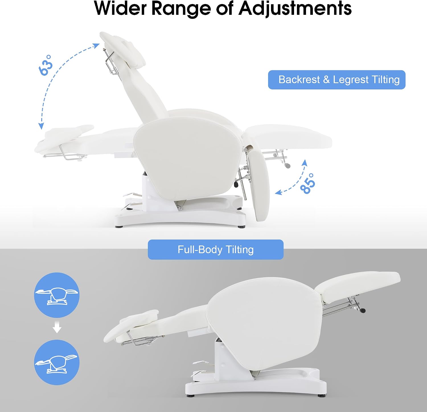 BarberPub Electric Esthetician Bed Spa Chair PU Leather Massage Table with 1 Motor, Ergonomic Facial Tattoo Bed for Client, 330 lbs Capacity, Lash Recliner Chair 180 Degree 2114 (White)