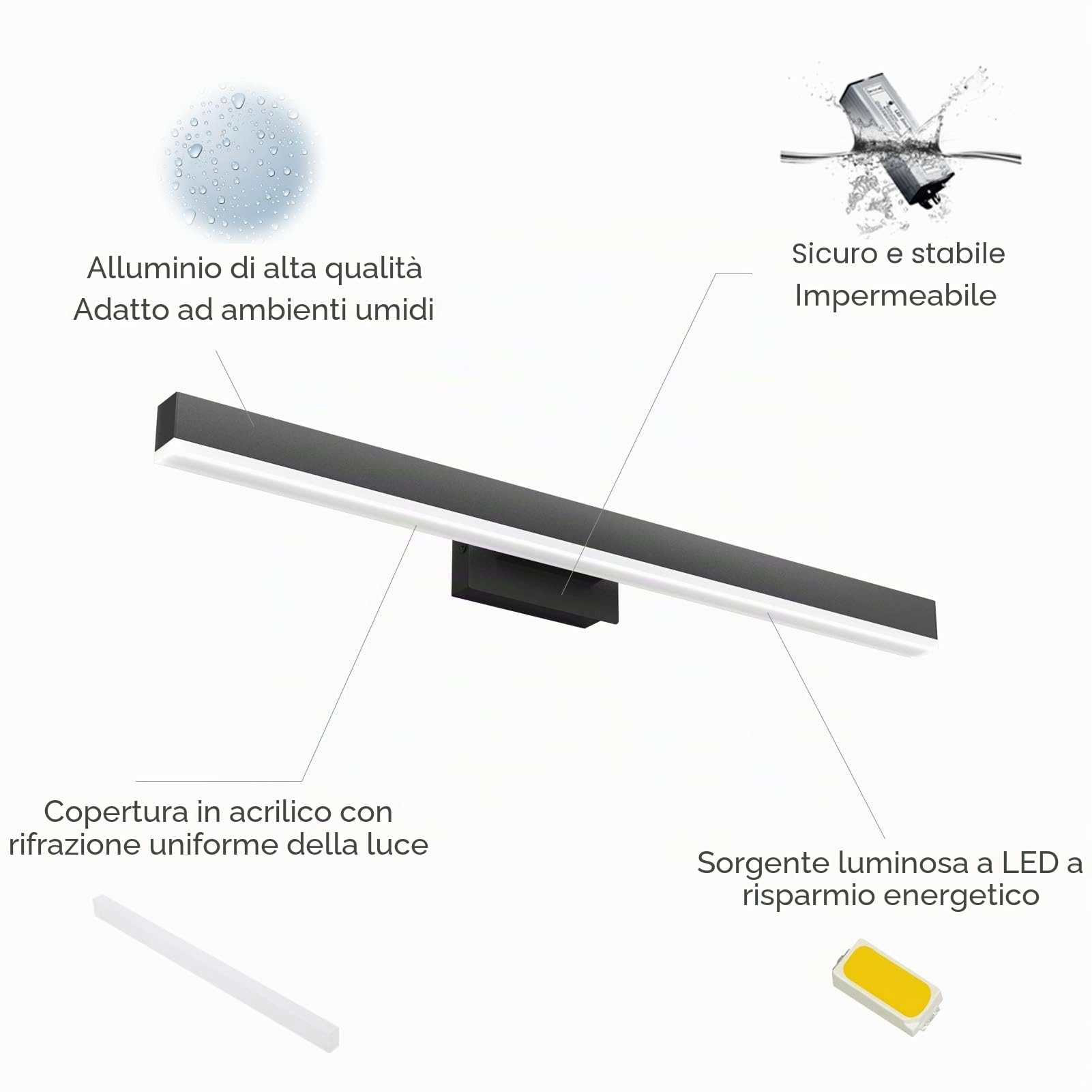 Klighten Lampada da Specchio Bagno LED Applique da bagno Interno Moderno Bagno Luce per Trucco 20W Bianco Freddo 6000K 1800LM 60CM Non-dimmerabile
