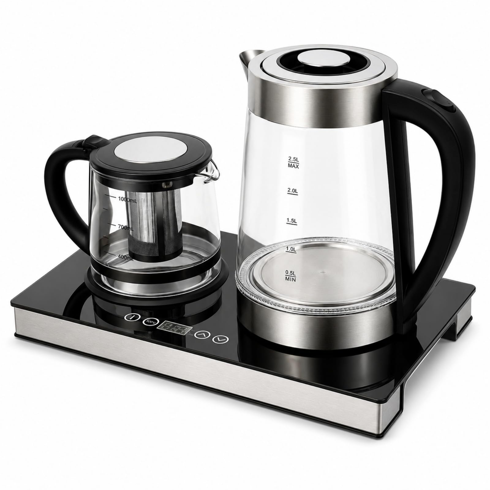 Hervidor eléctrico de 2,5 L + 1 L de acero inoxidable y cristal con función de mantenimiento del calor, colador de té y pantalla táctil LCD, 1500 W, apagado automático